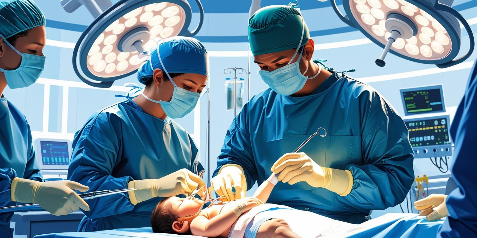 Pediatric orthopedic surgery scene: surgeon and medical team performing small child limb correction surgery in a modern operation theatre; sterile and professional atmosphere